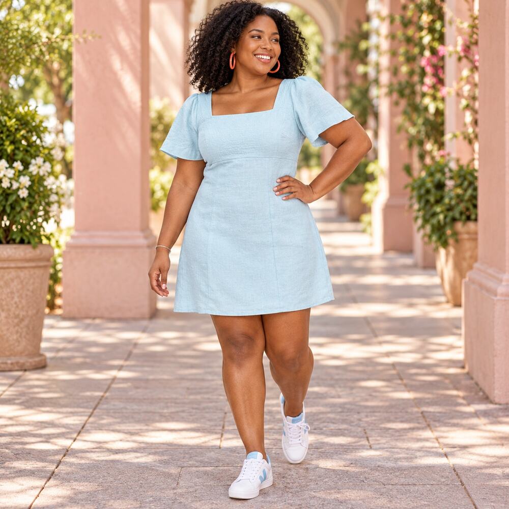 Madewell Dress WMNS 14 Blue Linen Square Neck Smocked Cutout Mini Cottagecore